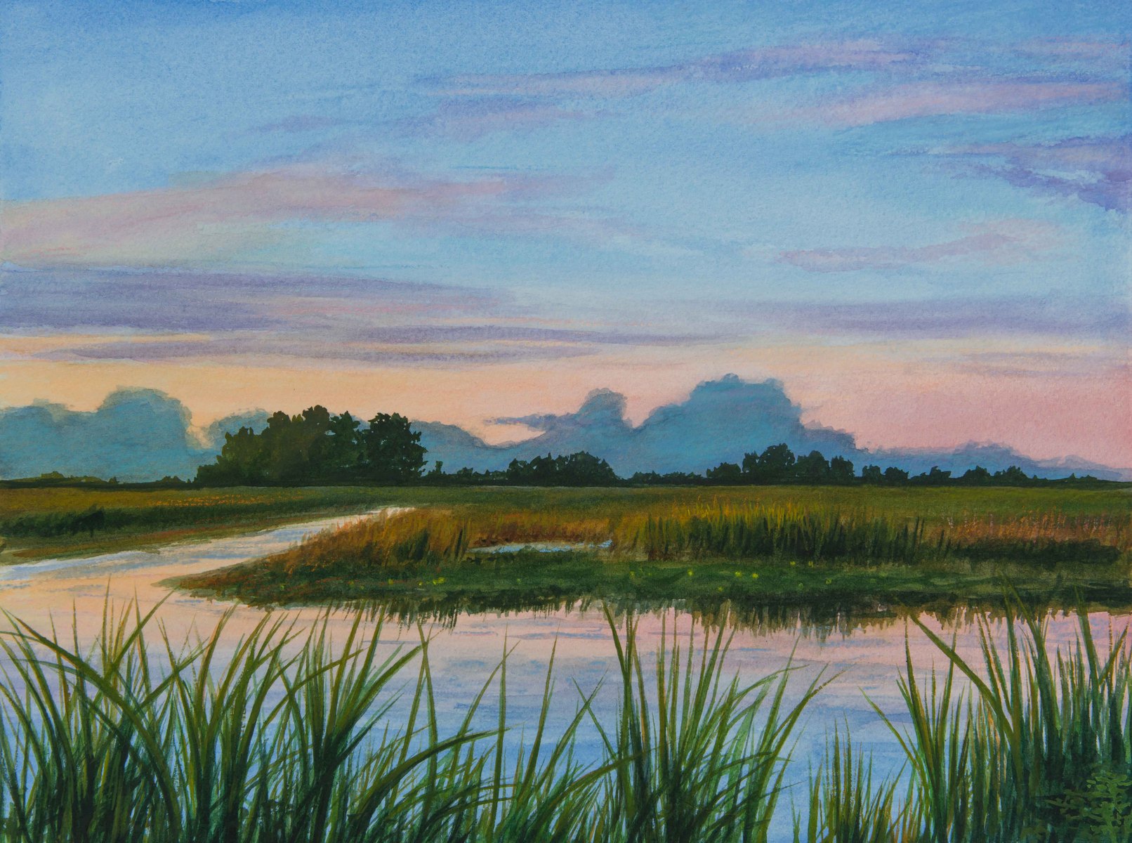 "Sunset on the Marsh"    11" X 15"     watercolor and gouache on 300 lb. watercolor paper