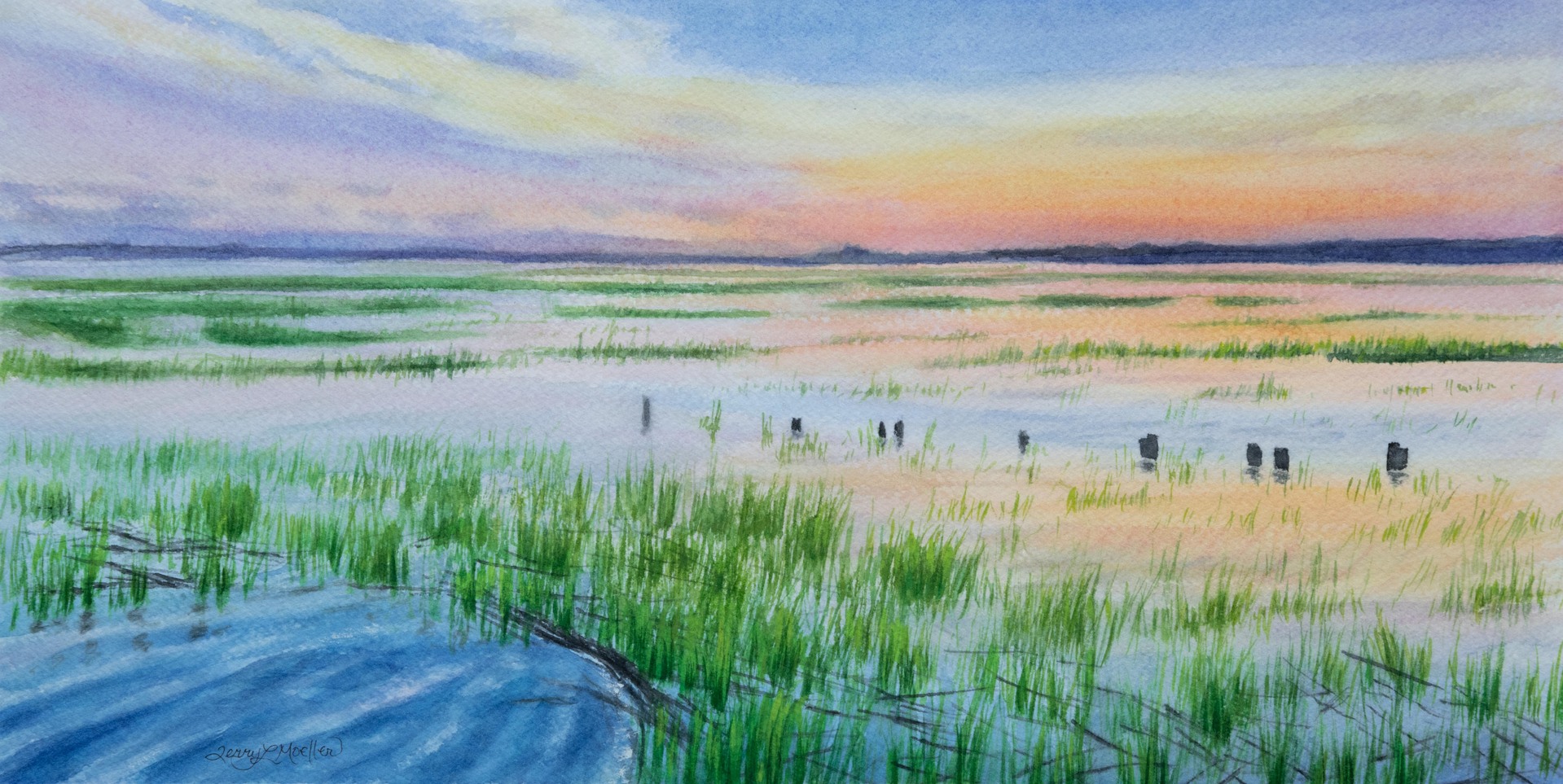 "Georgia Coastal Waters at Sunset"     7.25" X 14.25"   watercolor on 300 lb. watercolor paper